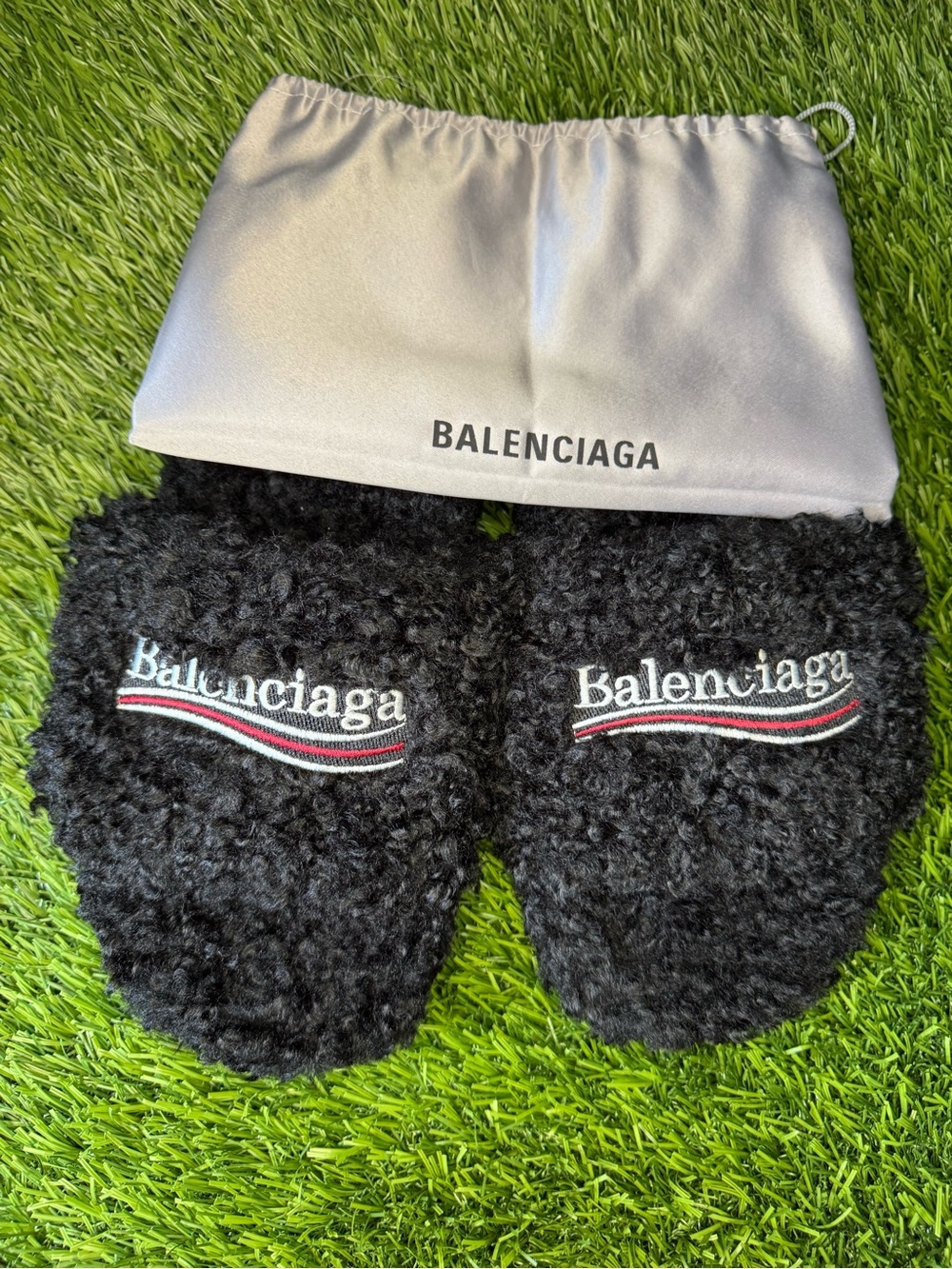 Black Fuzzy Logo Slip-On Slippers